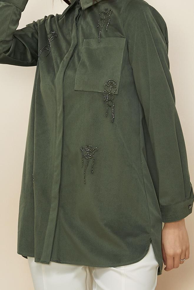 Hijab clothing KHAKI BEAD EMBROIDERED VELVET TUNIC 46266 - ALVİNA
