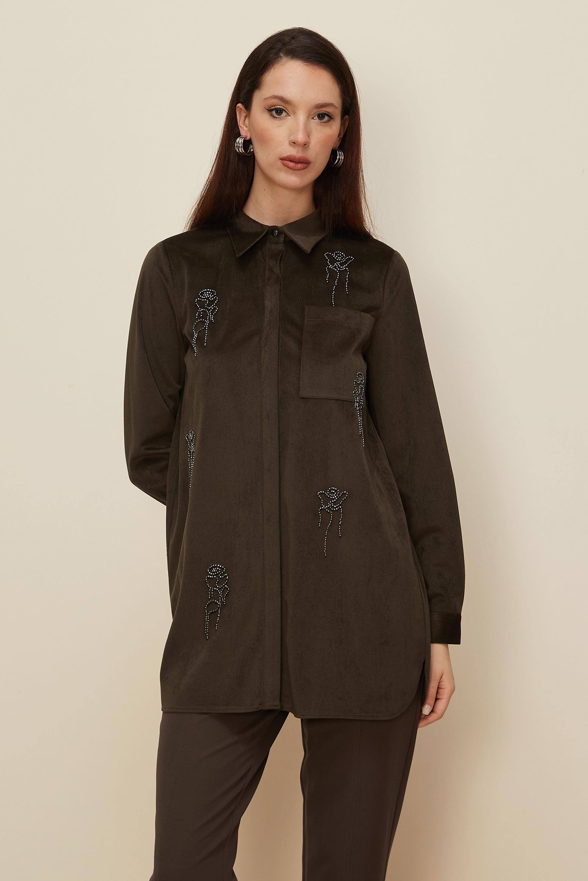 Tesettür giyim KAHVE BONCUK İŞLEMELİ KADİFE TUNİK 46266