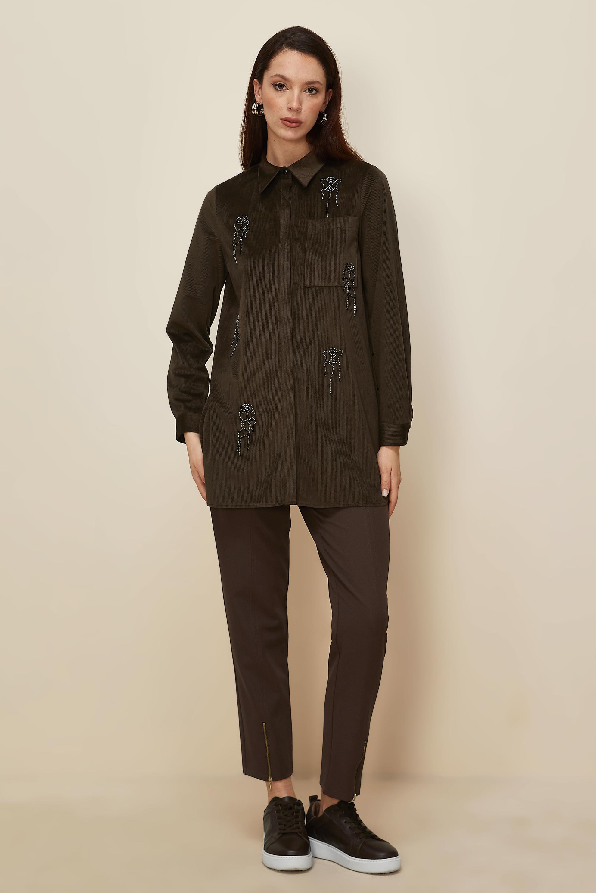 Tesettür giyim KAHVE BONCUK İŞLEMELİ KADİFE TUNİK 46266