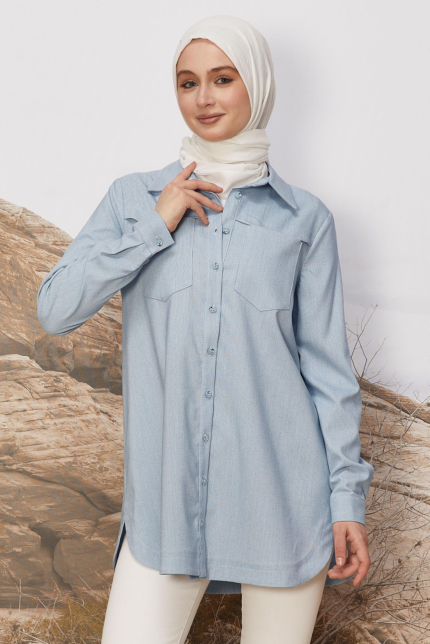 Tesettür giyim MAVİ GÖMLEK YAKA TUNİK 46267