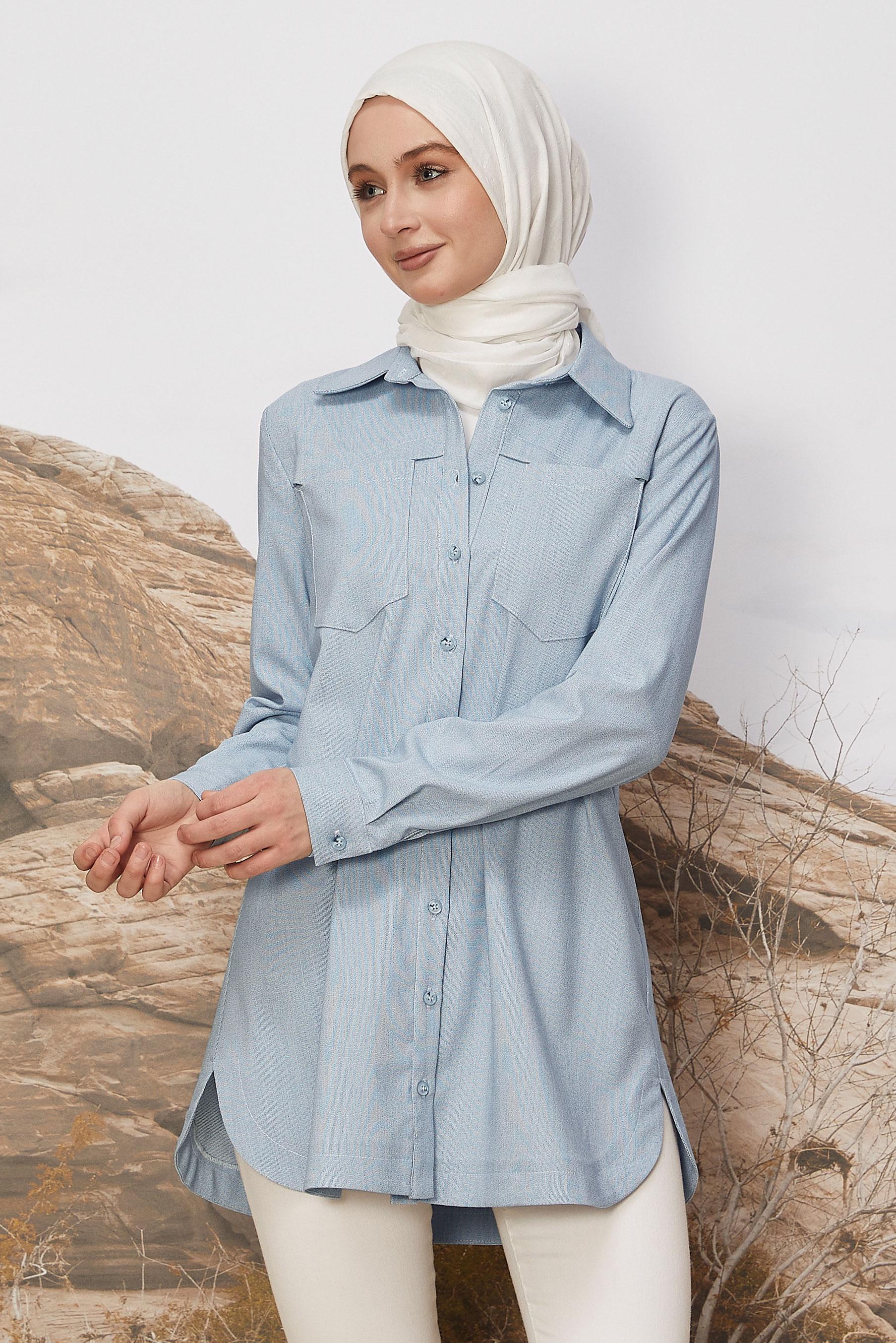 Tesettür giyim MAVİ GÖMLEK YAKA TUNİK 46267