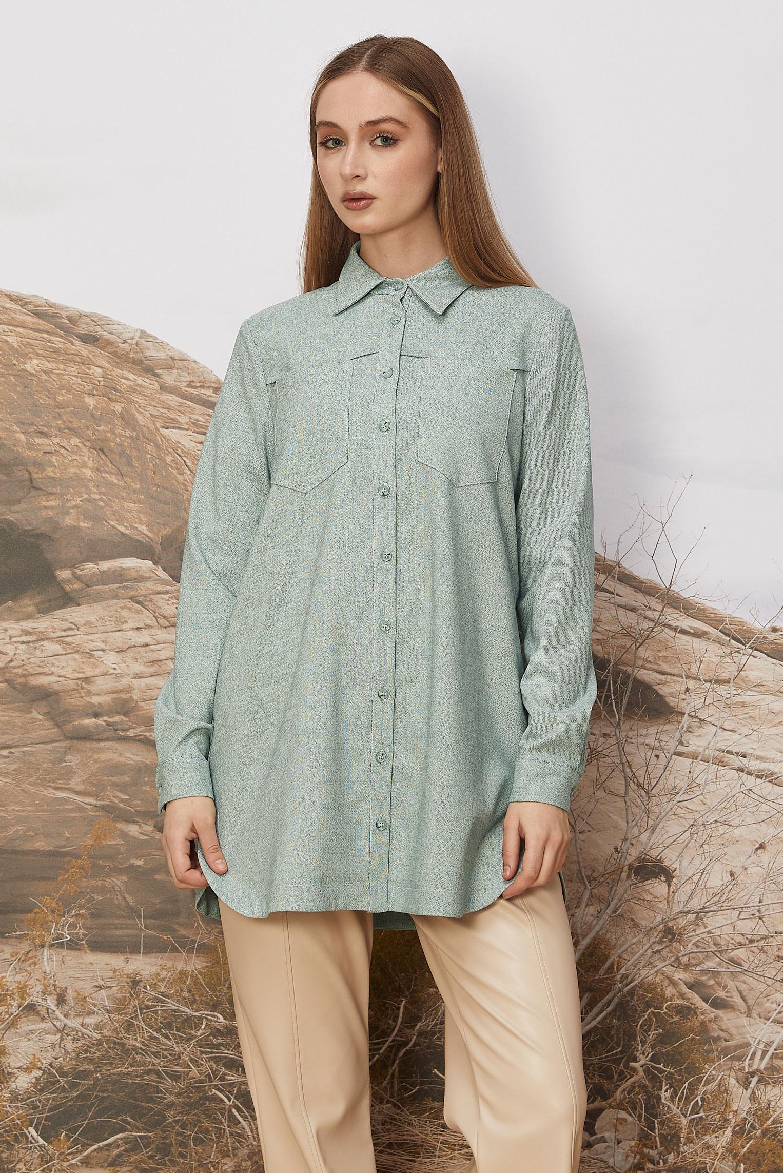 Tesettür giyim YEŞİL GÖMLEK YAKA TUNİK 46267