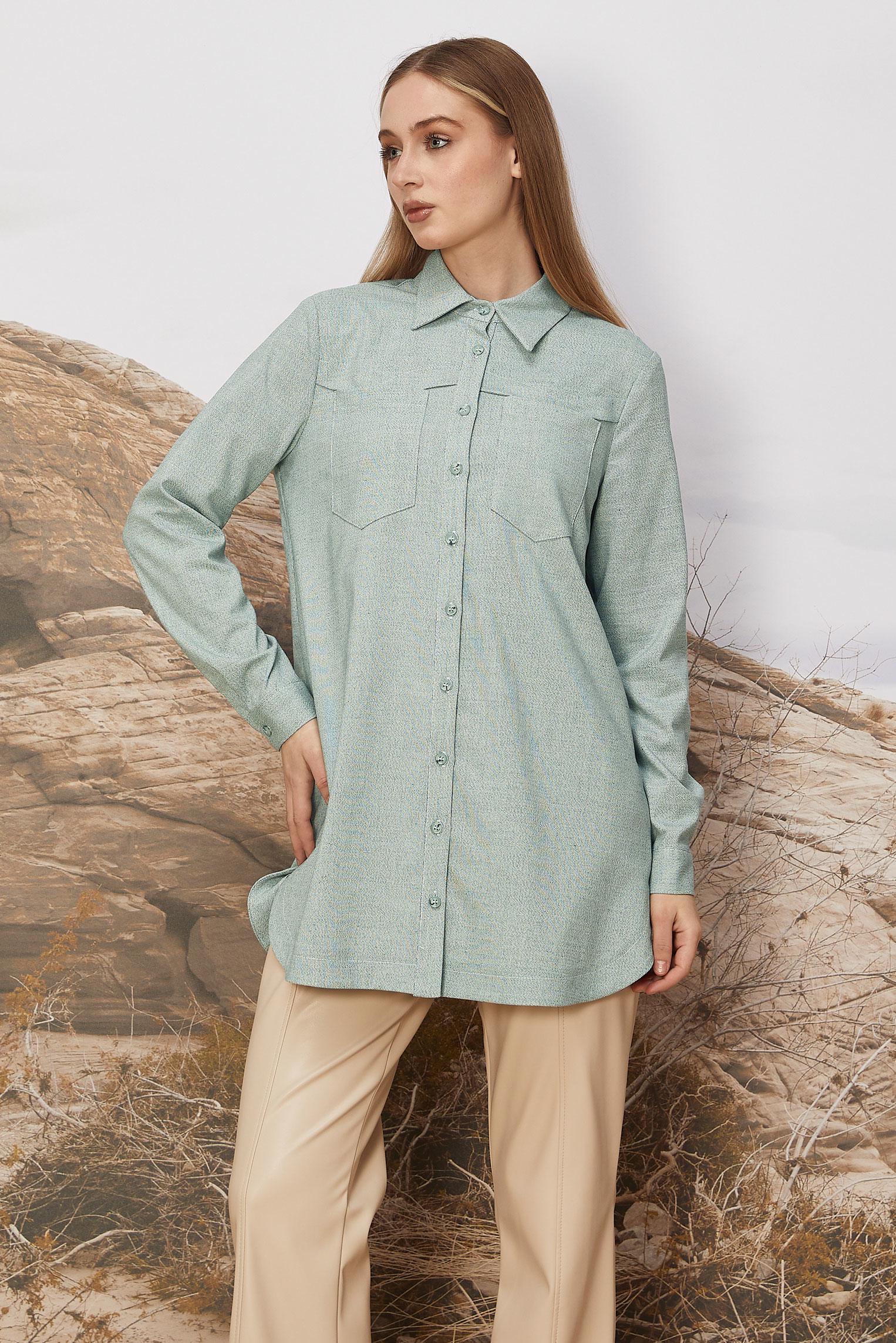 Tesettür giyim YEŞİL GÖMLEK YAKA TUNİK 46267