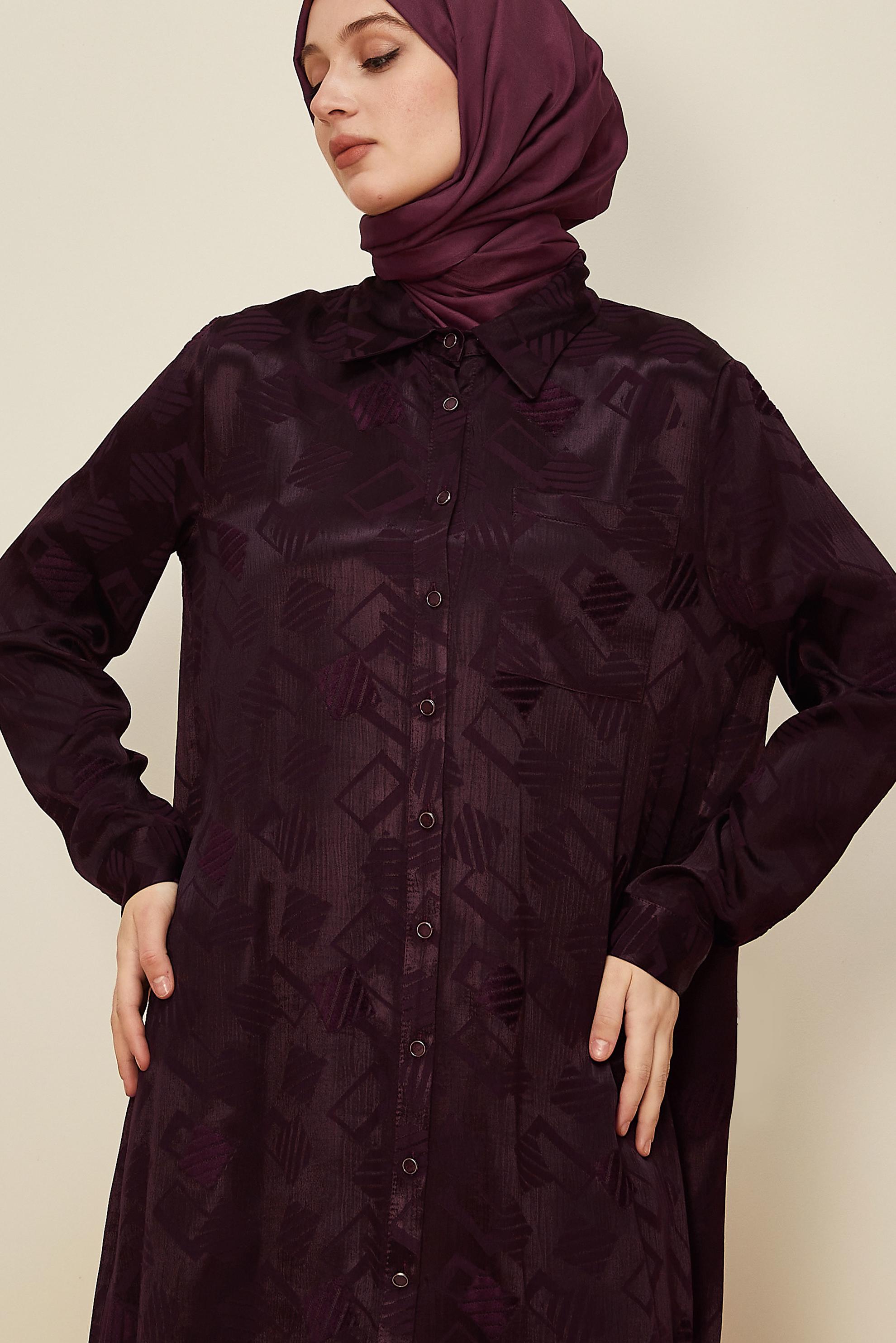 Tesettür giyim BORDO GÖMLEK YAKA JAKAR TUNİK 46278