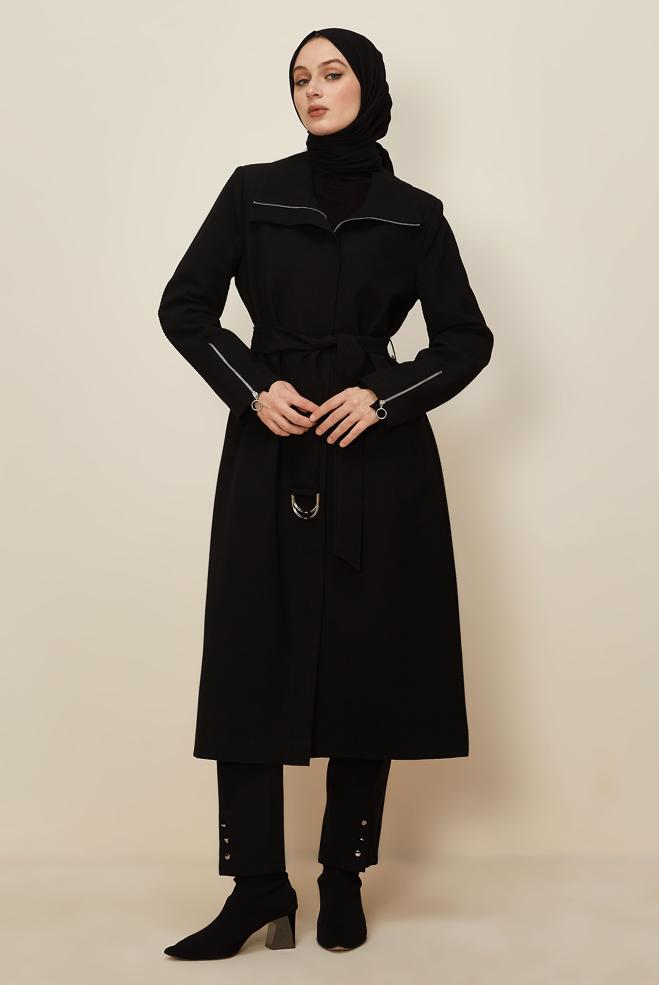Vêtements hijab NOIR TRENCH CEINTURÉ 10952 - ALVİNA