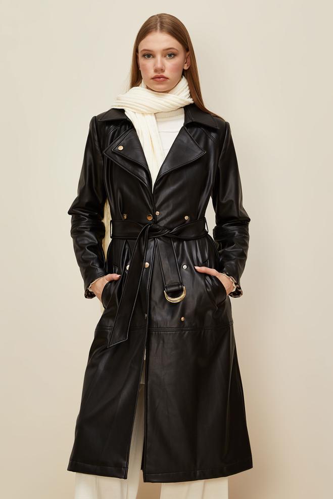 Vêtements hijab NOIR TRENCH-COAT CEINTURÉ EN SIMILICUIR 10975 - ALVİNA