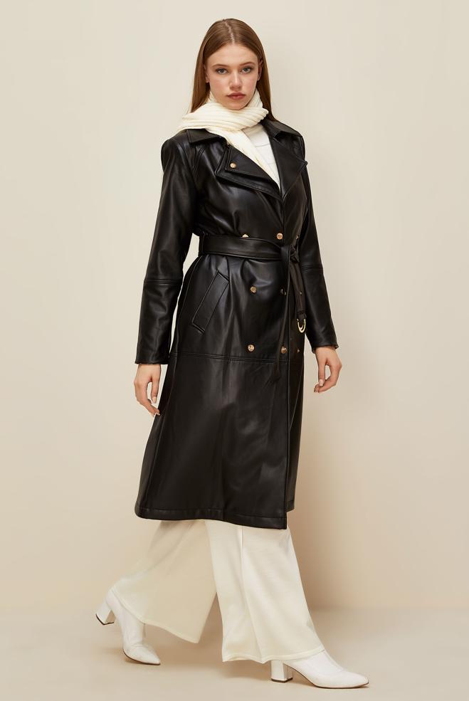 Vêtements hijab NOIR TRENCH-COAT CEINTURÉ EN SIMILICUIR 10975 - ALVİNA