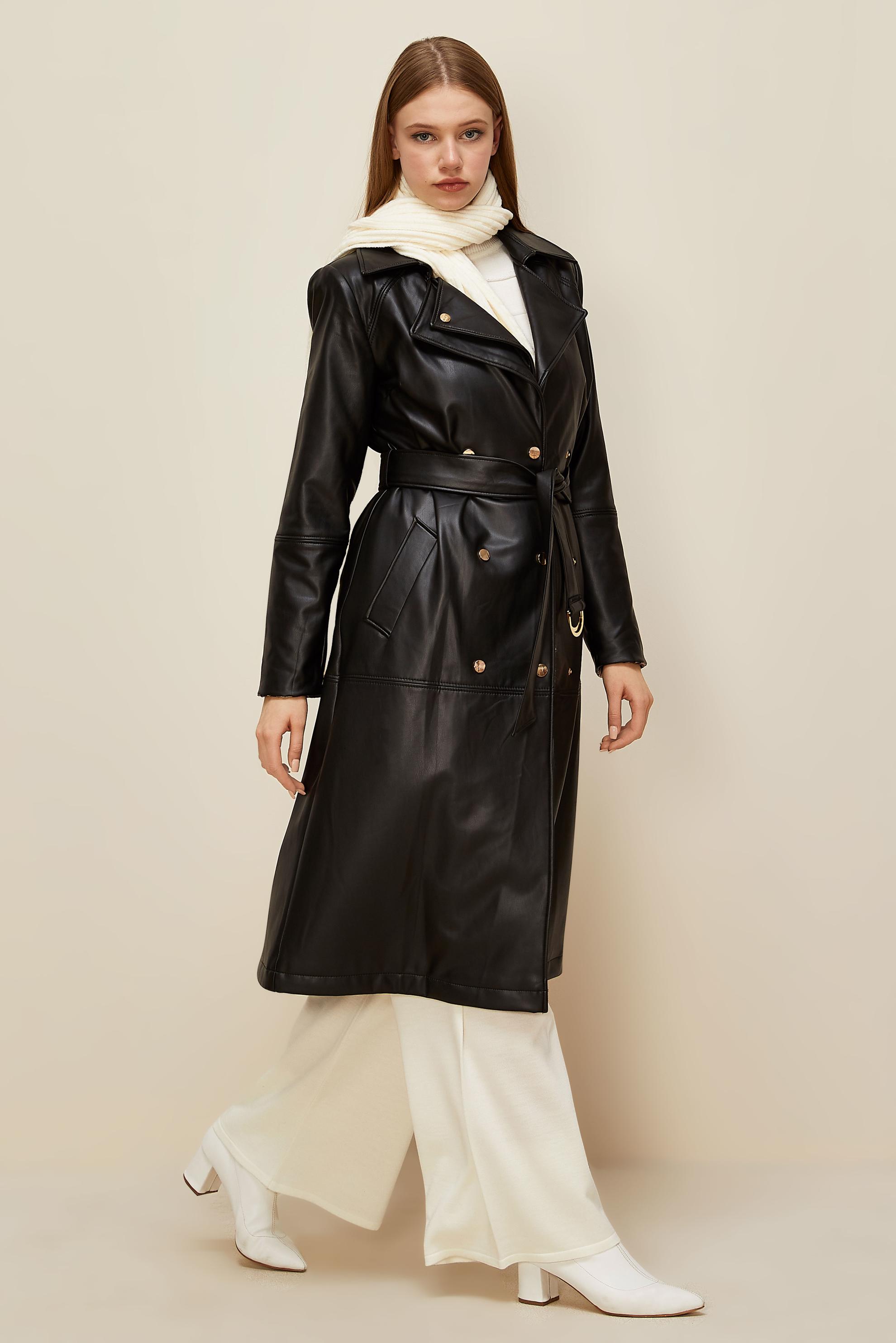 Hijab clothing BLACK BELTED FAUX-LEATHER TRENCH COAT 10975
