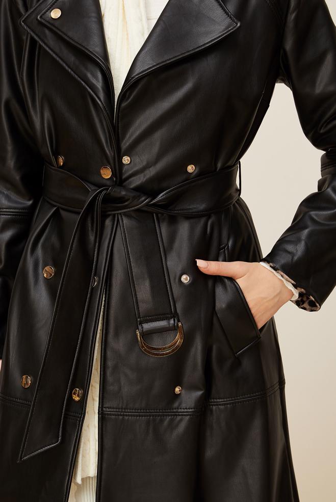 Vêtements hijab NOIR TRENCH-COAT CEINTURÉ EN SIMILICUIR 10975 - ALVİNA