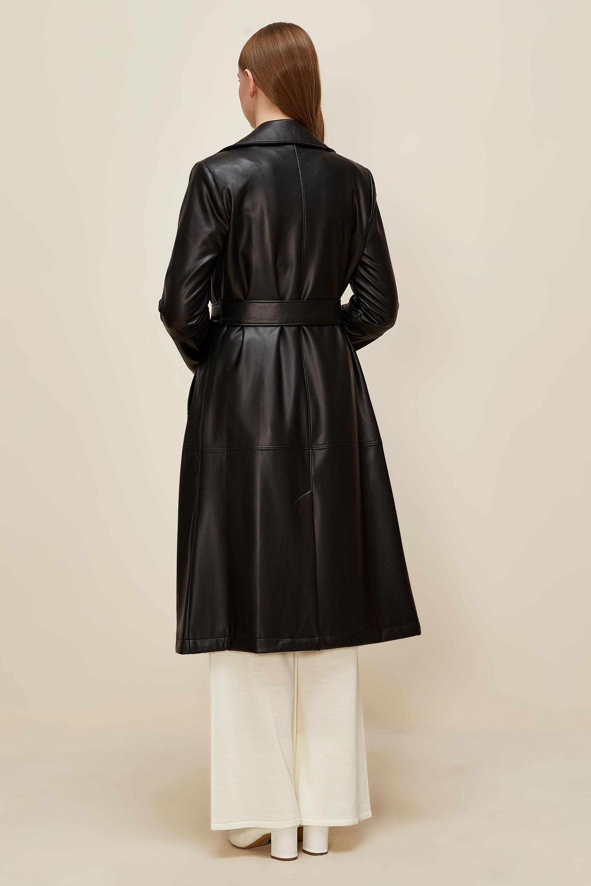 Hijab clothing BLACK BELTED FAUX-LEATHER TRENCH COAT 10975