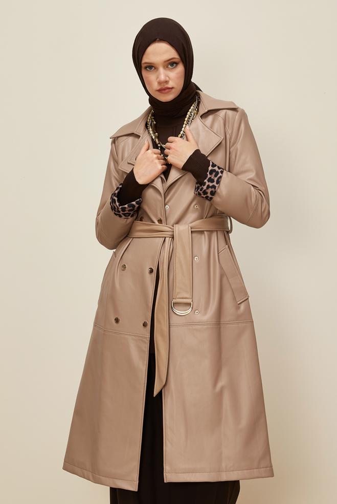 Vêtements hijab BRUN TRENCH-COAT CEINTURÉ EN SIMILICUIR 10975 - ALVİNA