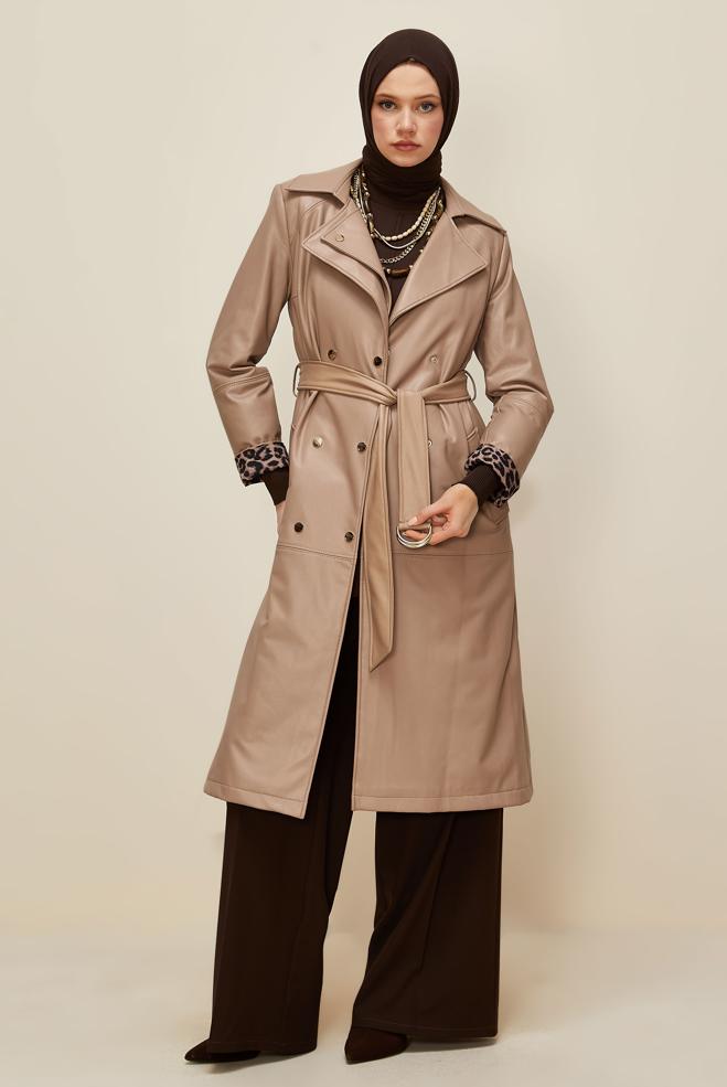Vêtements hijab BRUN TRENCH-COAT CEINTURÉ EN SIMILICUIR 10975 - ALVİNA