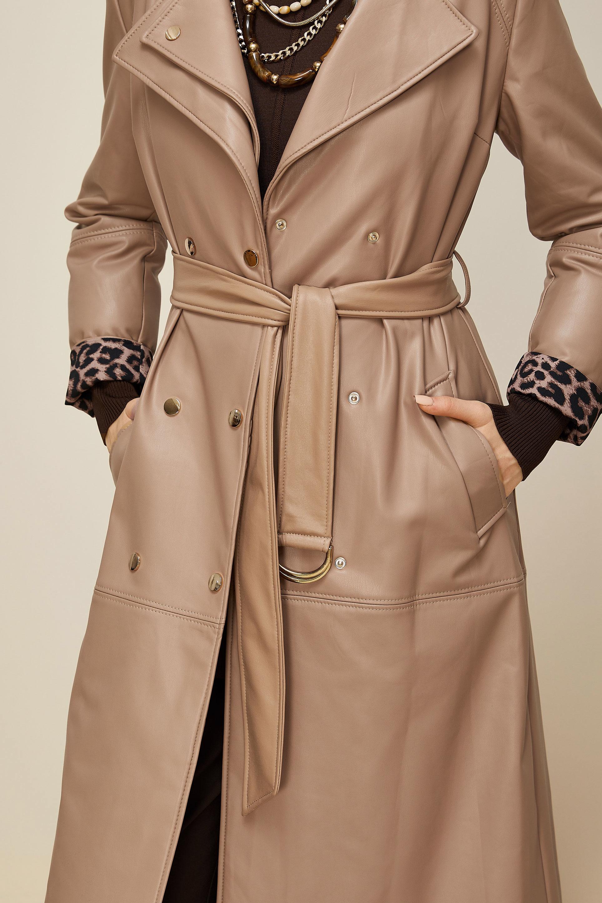 Hijab clothing BROWN BELTED FAUX-LEATHER TRENCH COAT 10975