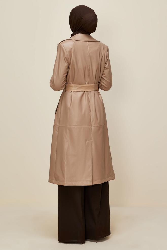 Vêtements hijab BRUN TRENCH-COAT CEINTURÉ EN SIMILICUIR 10975 - ALVİNA