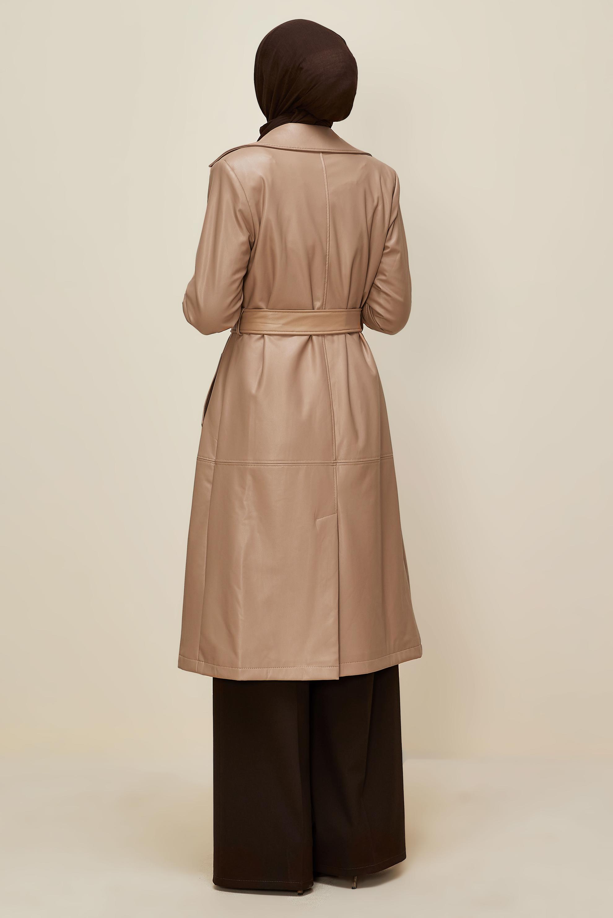 Hijab clothing BROWN BELTED FAUX-LEATHER TRENCH COAT 10975
