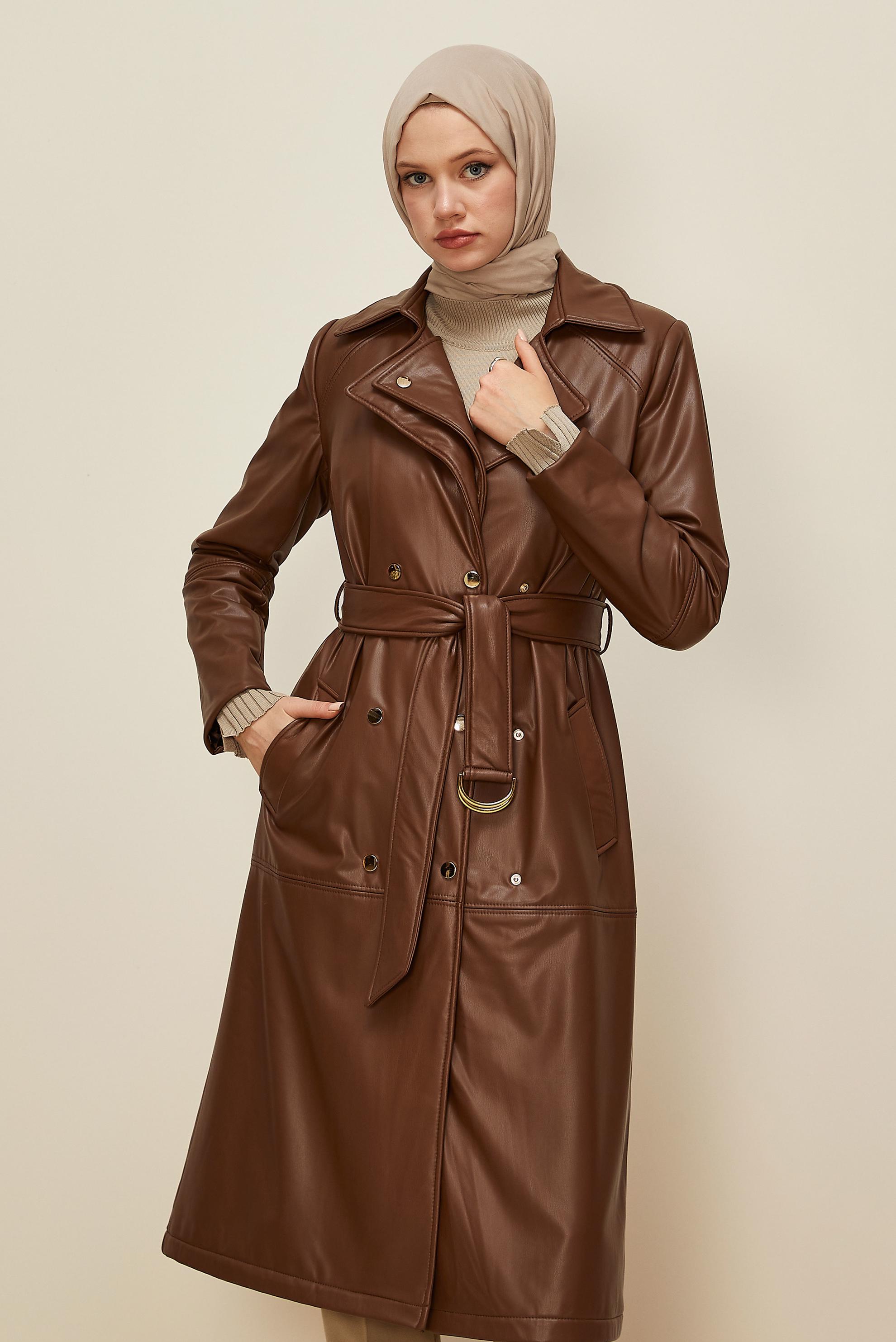 Hijab clothing TABA BELTED FAUX-LEATHER TRENCH COAT 10975