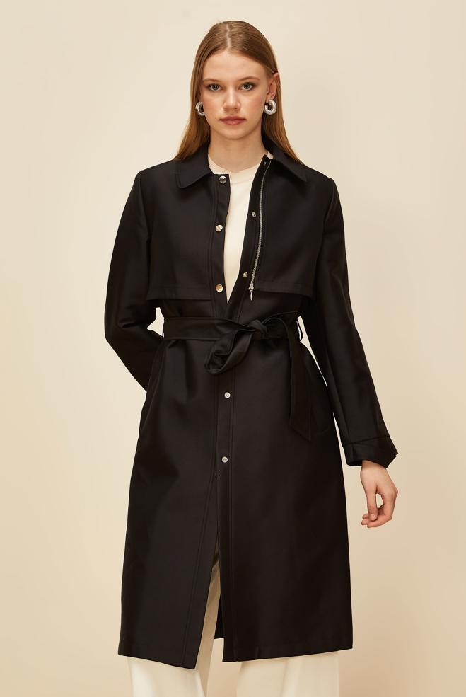 Vêtements hijab NOIR TRENCH-COAT CEINTURÉ 10976 - ALVİNA