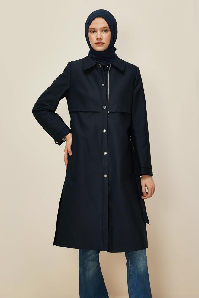 Vêtements hijab BLEU MARINE TRENCH-COAT CEINTURÉ 10976 - ALVİNA