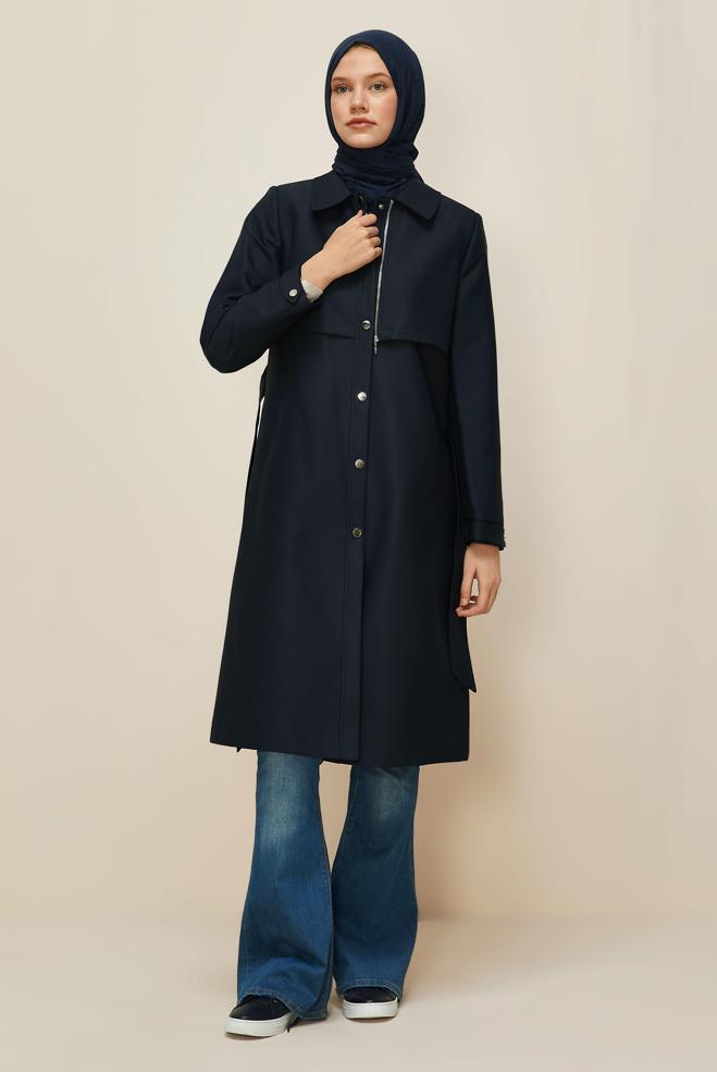 Vêtements hijab BLEU MARINE TRENCH-COAT CEINTURÉ 10976 - ALVİNA