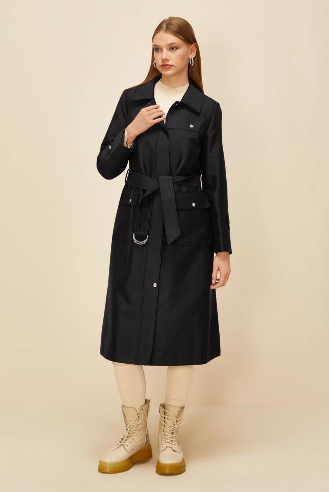 Vêtements hijab NOIR TRENCH CEINTURÉ 10977 - ALVİNA