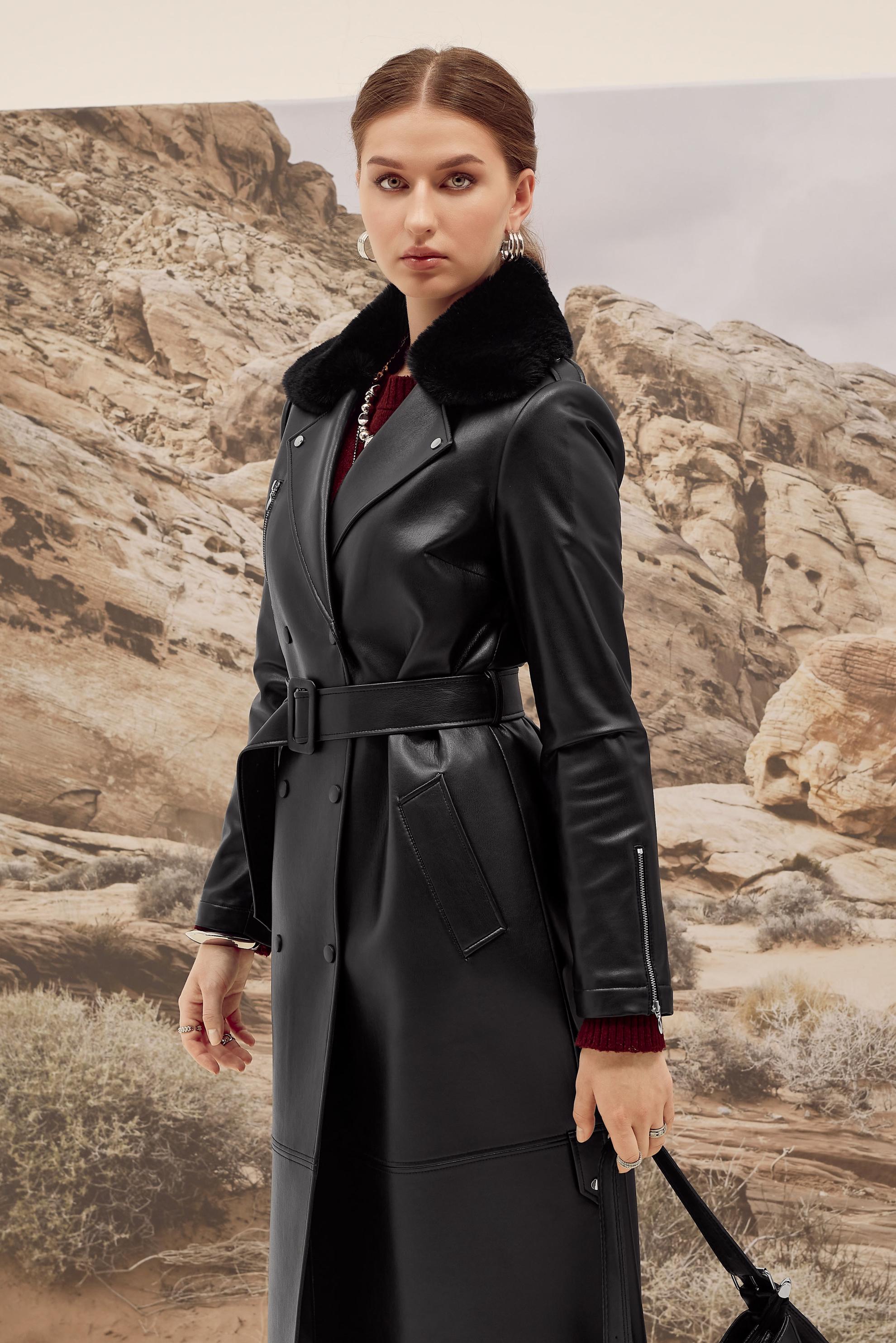 Vêtements hijab NOIR TRENCH-COAT AVEC COL EN FOURRURE 10978