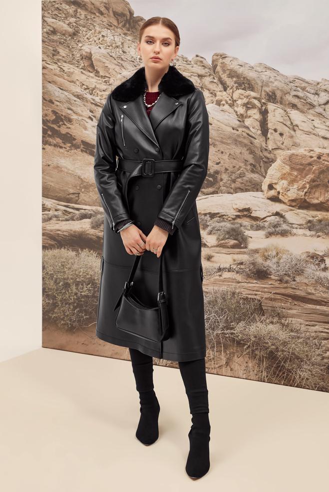 Vêtements hijab NOIR TRENCH-COAT AVEC COL EN FOURRURE 10978 - ALVİNA