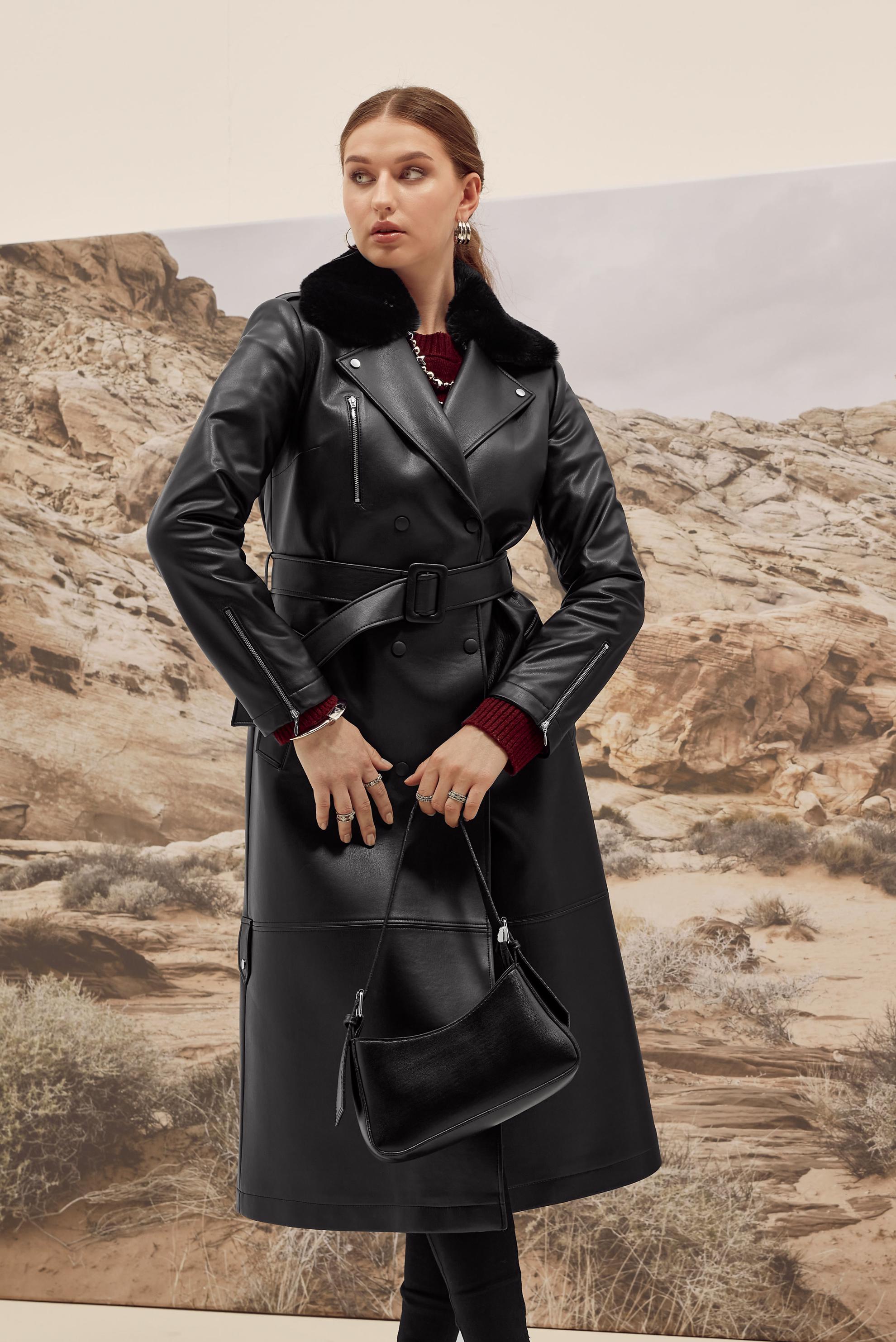 Vêtements hijab NOIR TRENCH-COAT AVEC COL EN FOURRURE 10978