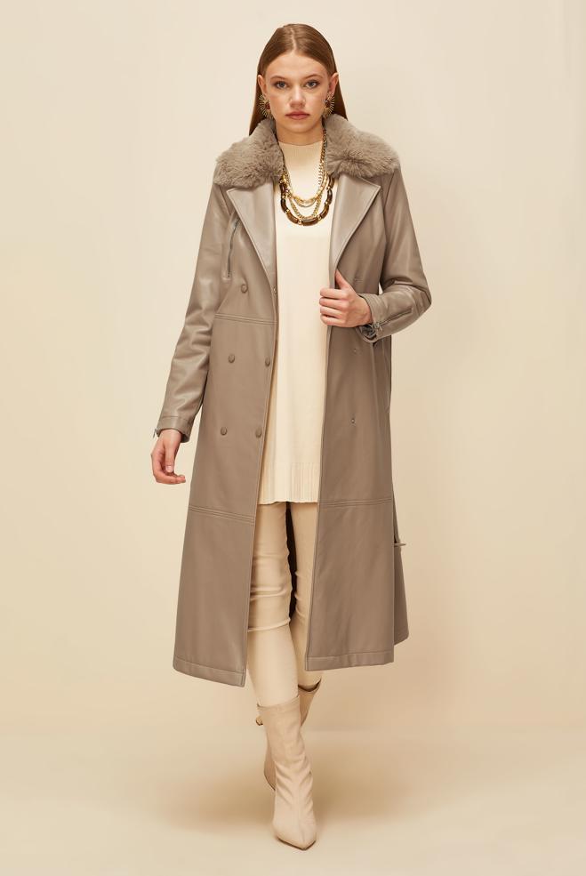 Vêtements hijab BRUN TRENCH-COAT AVEC COL EN FOURRURE 10978 - ALVİNA