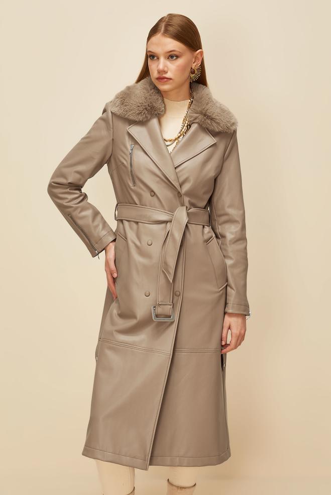 Vêtements hijab BRUN TRENCH-COAT AVEC COL EN FOURRURE 10978 - ALVİNA