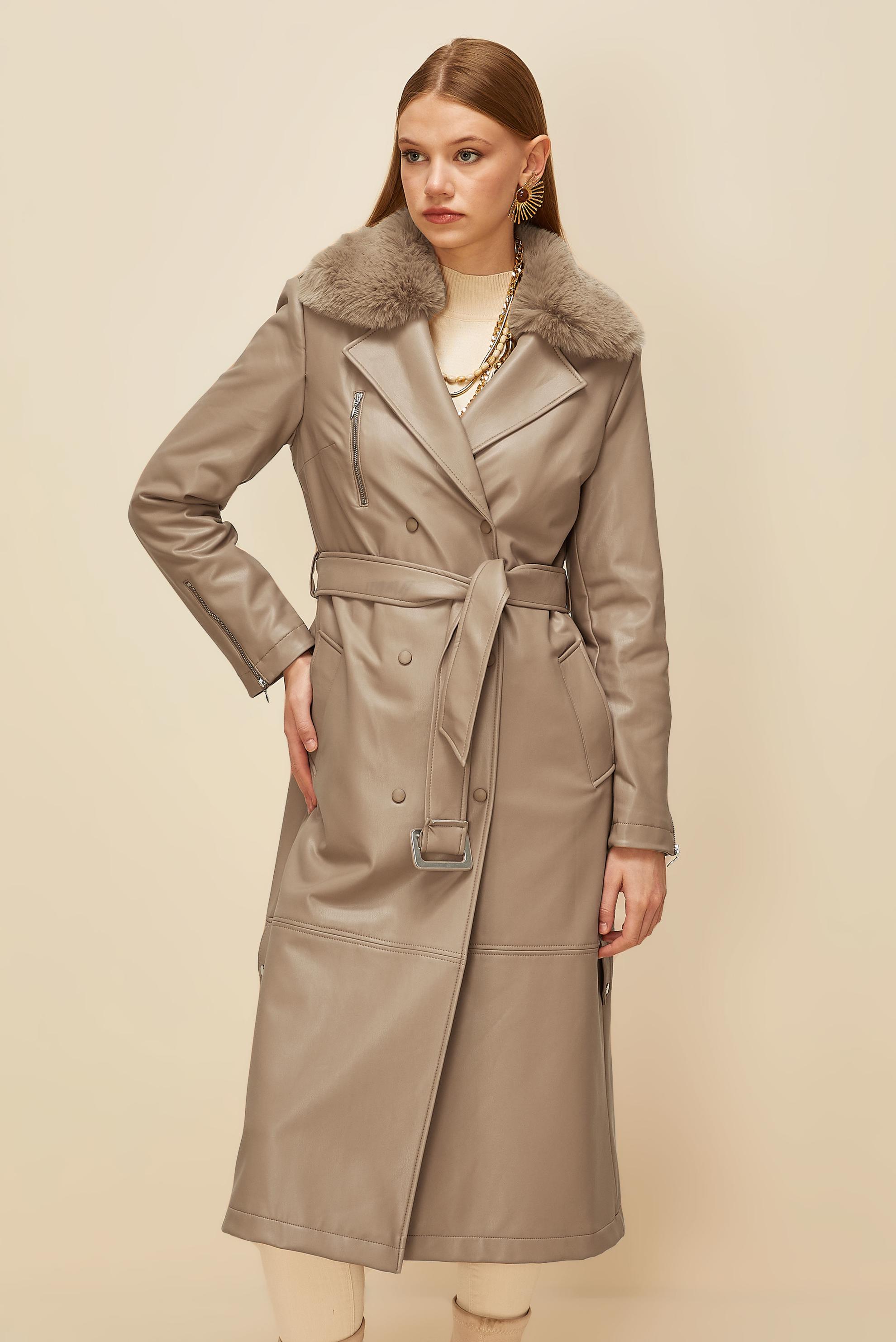 Vêtements hijab BRUN TRENCH-COAT AVEC COL EN FOURRURE 10978