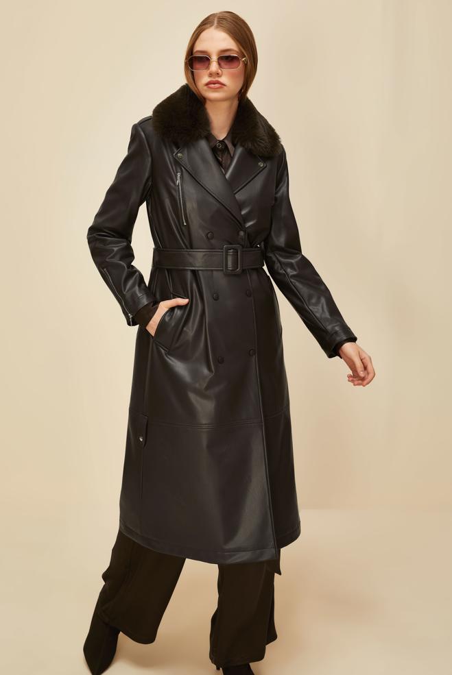 Vêtements hijab BRUN TRENCH-COAT AVEC COL EN FOURRURE 10978 - ALVİNA