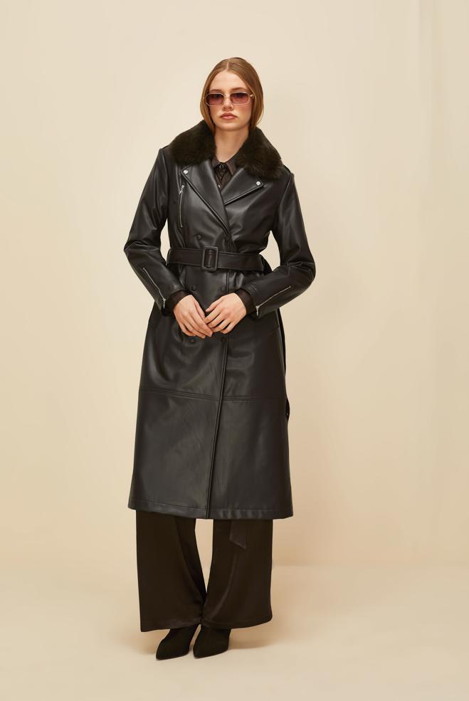 Vêtements hijab BRUN TRENCH-COAT AVEC COL EN FOURRURE 10978 - ALVİNA