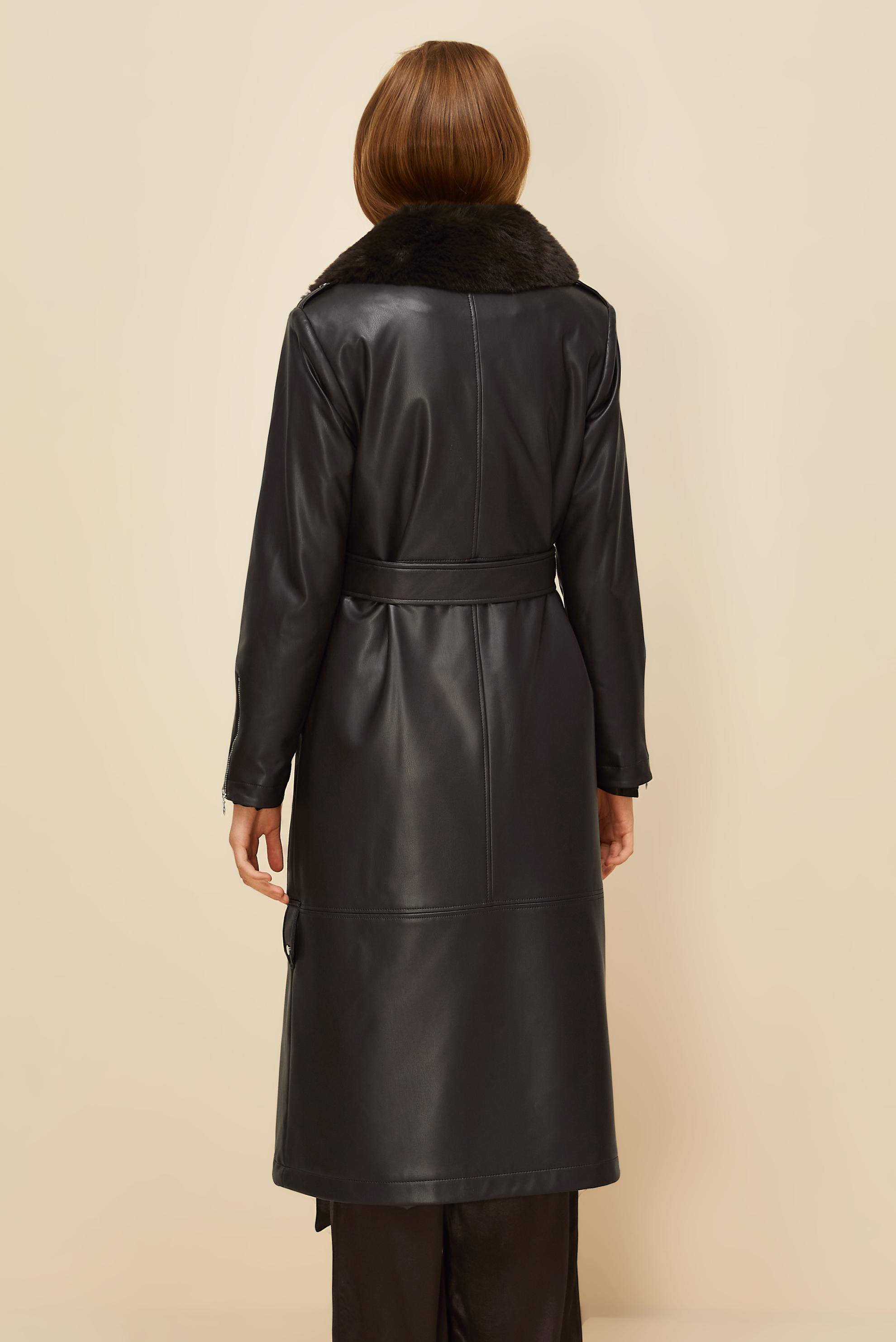 Tesettür giyim KAHVE KÜRK YAKA DETAYLI TRENÇKOT 10978