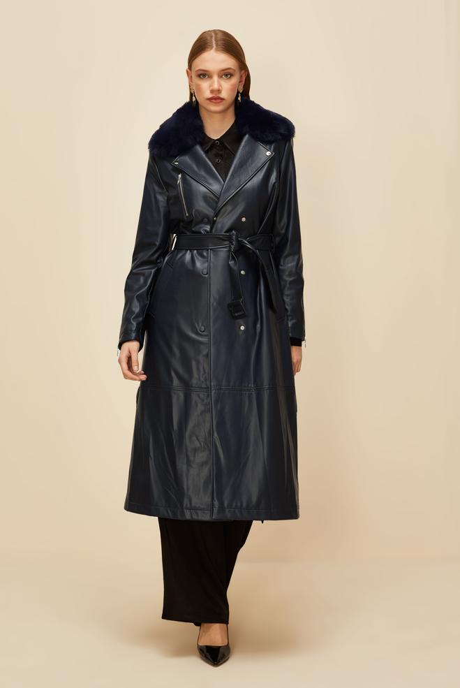 Vêtements hijab BLEU MARINE TRENCH-COAT AVEC COL EN FOURRURE 10978 - ALVİNA
