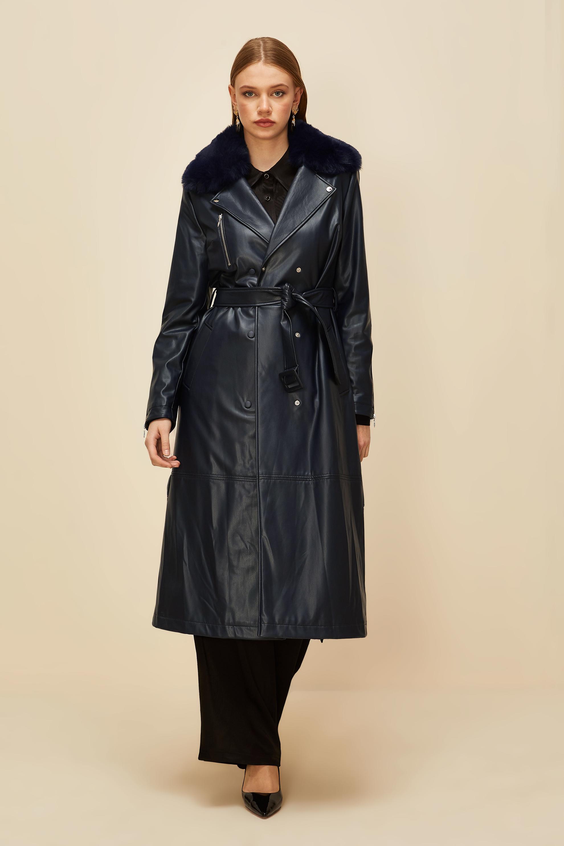 Vêtements hijab BLEU MARINE TRENCH-COAT AVEC COL EN FOURRURE 10978