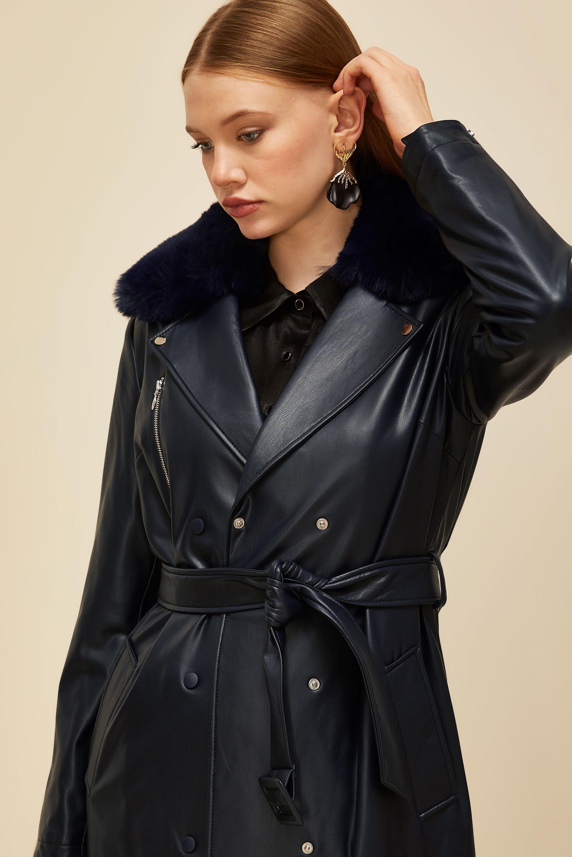 Vêtements hijab BLEU MARINE TRENCH-COAT AVEC COL EN FOURRURE 10978