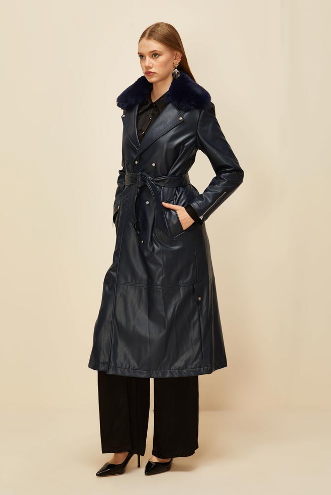 Vêtements hijab BLEU MARINE TRENCH-COAT AVEC COL EN FOURRURE 10978 - ALVİNA