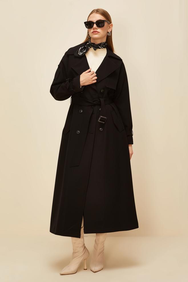 Vêtements hijab NOIR TRENCH CEINTURÉ 10983 - ALVİNA