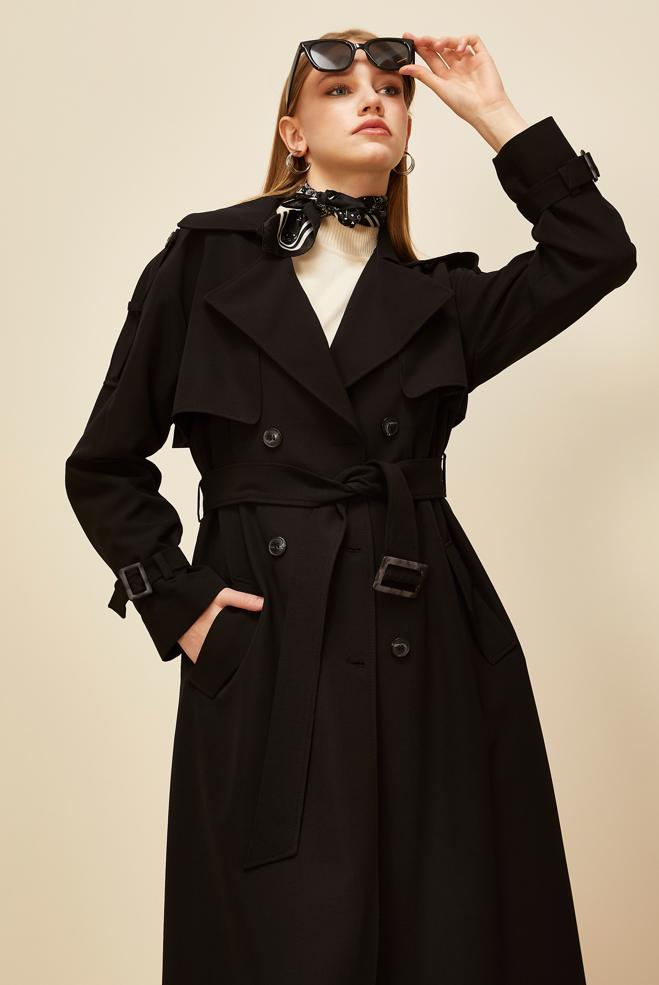 Vêtements hijab NOIR TRENCH CEINTURÉ 10983 - ALVİNA