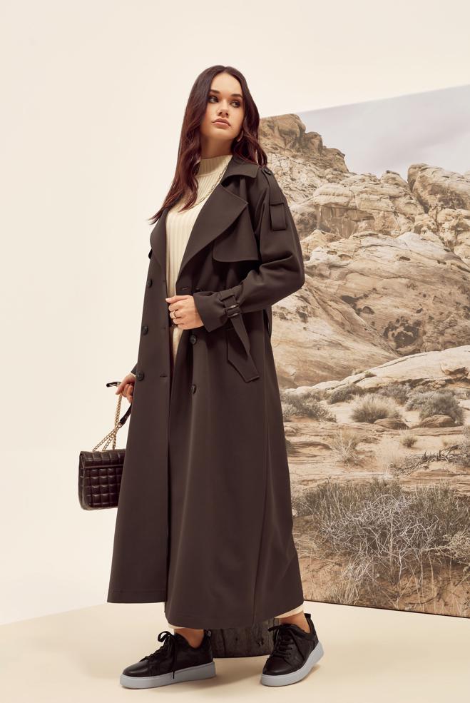 Hijab clothing BROWN BELTED TRENCH COAT 10983 - ALVİNA