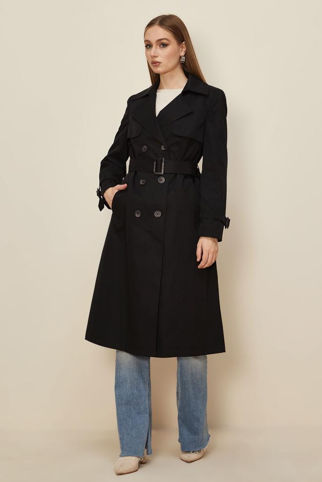 Hijab clothing BLACK BELTED TRENCH COAT 10985 - ALVİNA