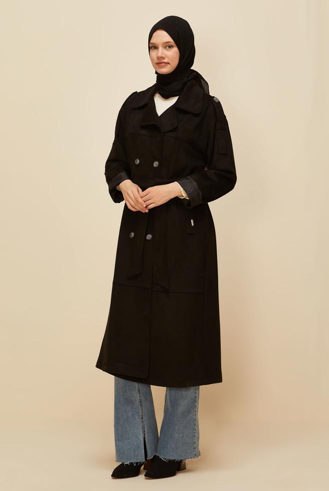 Vêtements hijab NOIR TRENCH-COAT EN DAIM CEINTURÉ 10986 - ALVİNA