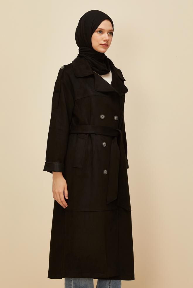 Vêtements hijab NOIR TRENCH-COAT EN DAIM CEINTURÉ 10986 - ALVİNA