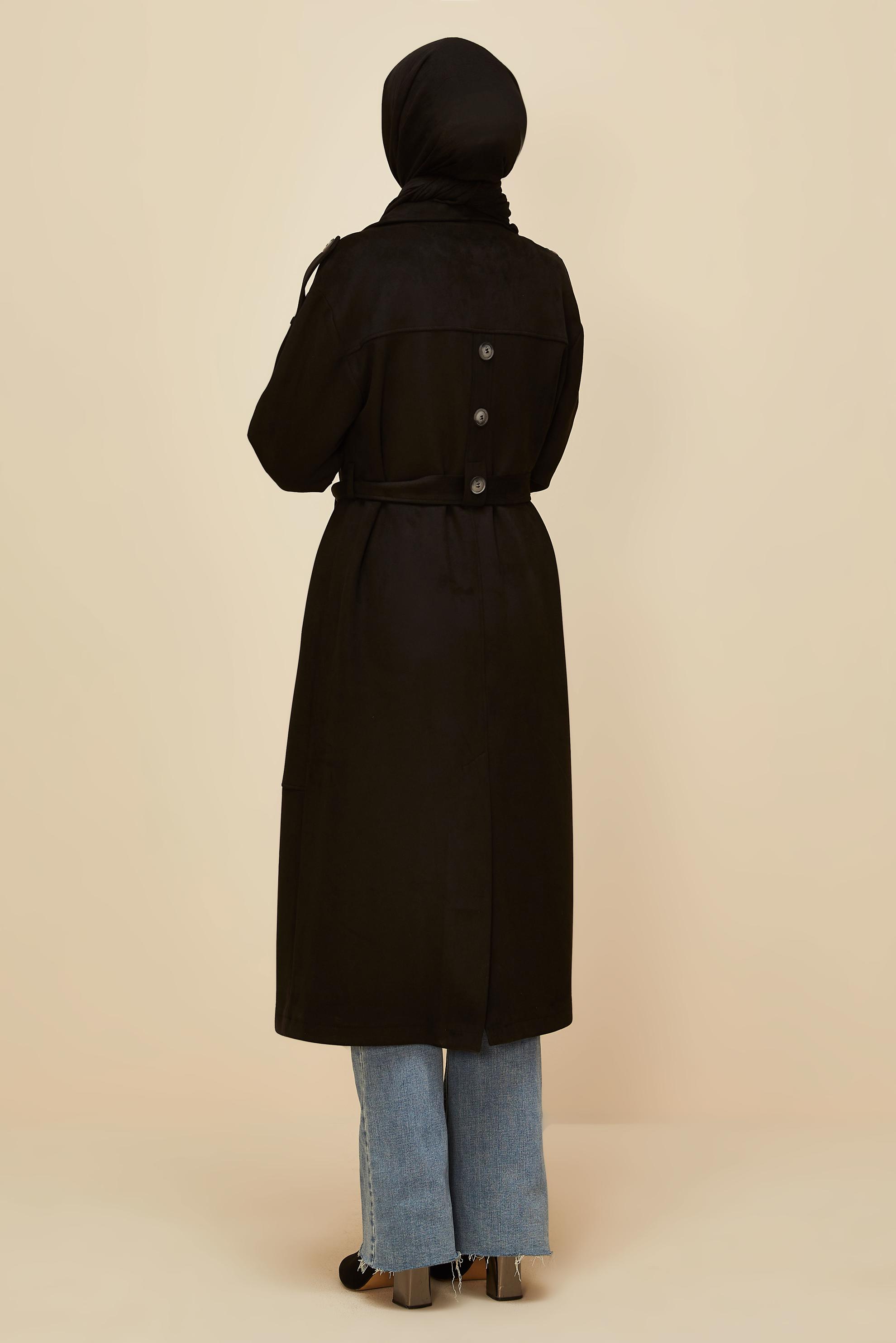 Vêtements hijab NOIR TRENCH-COAT EN DAIM CEINTURÉ 10986
