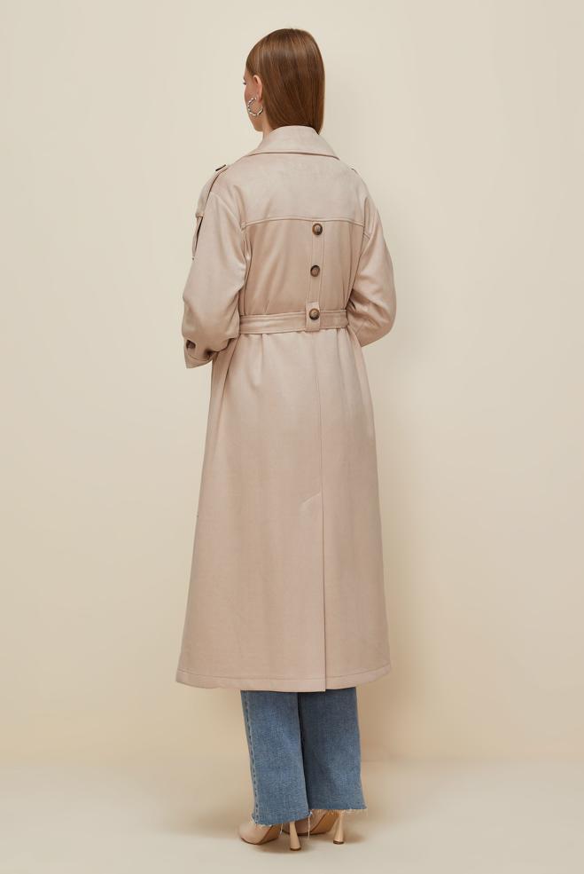 Vêtements hijab BEIGE TRENCH-COAT EN DAIM CEINTURÉ 10986 - ALVİNA