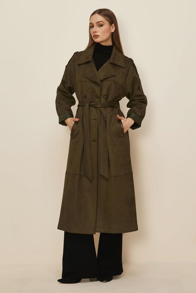 Hijab clothing KHAKI BELTED SUEDE TRENCH COAT 10986 - ALVİNA