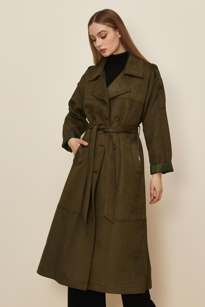 Hijab clothing KHAKI BELTED SUEDE TRENCH COAT 10986 - ALVİNA