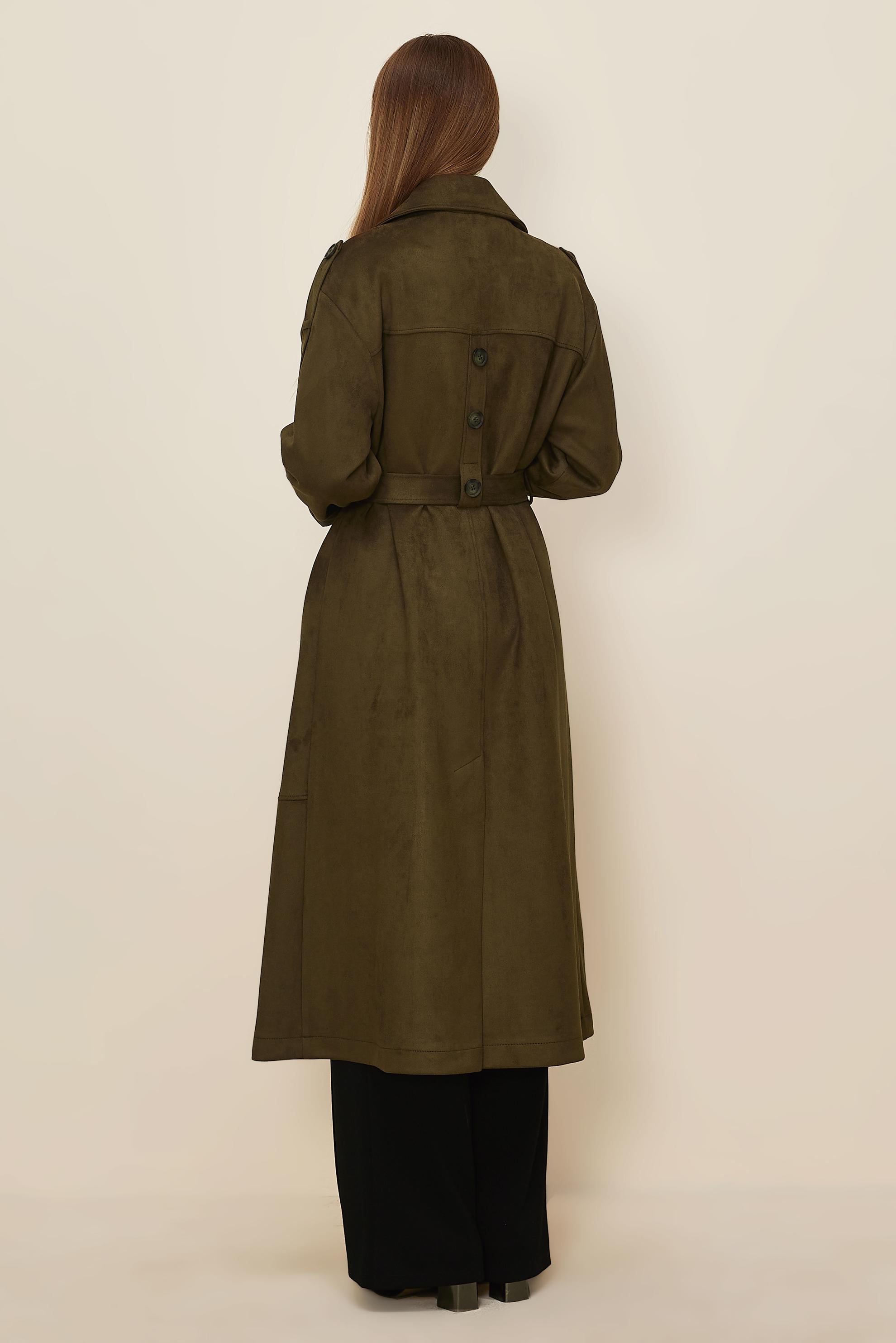 Tesettür giyim HAKİ KEMERLİ SÜET TRENÇKOT 10986