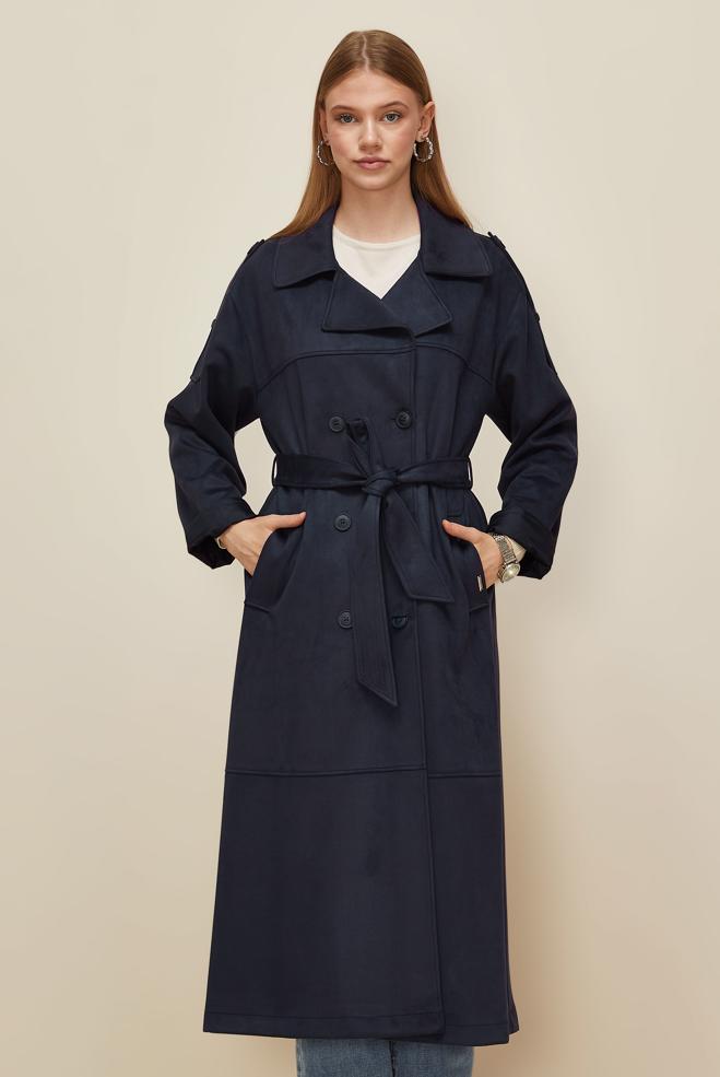 Vêtements hijab BLEU MARINE TRENCH-COAT EN DAIM CEINTURÉ 10986 - ALVİNA