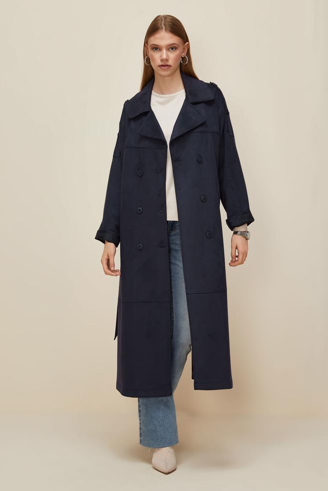 Vêtements hijab BLEU MARINE TRENCH-COAT EN DAIM CEINTURÉ 10986 - ALVİNA